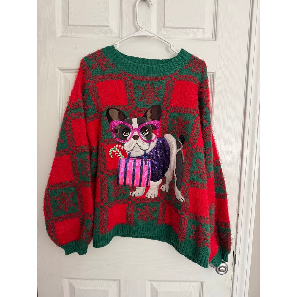Holiday Time Shopping French Bulldog Christmas Sweater Sz: XL